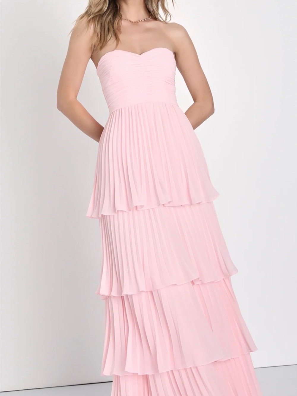 Lulu's Tiered Pleated Strapless Maxi Dress - Light Pink